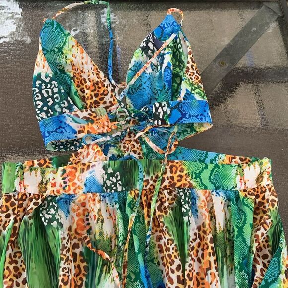 SHEIN Leopard Snakeskin Print Cut Out Tie Back Slit Maxi Dress 2XL Resortwear - Picture 4 of 5